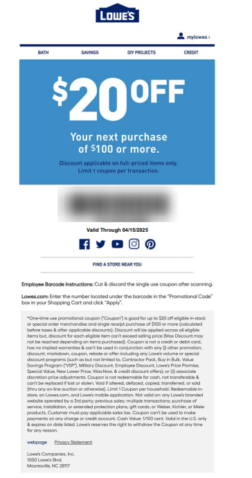 $20 off $100 Coupon Sample